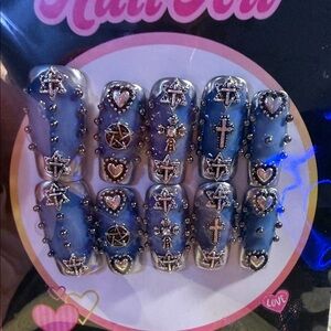 Blue and Silver Embellished Nail Set